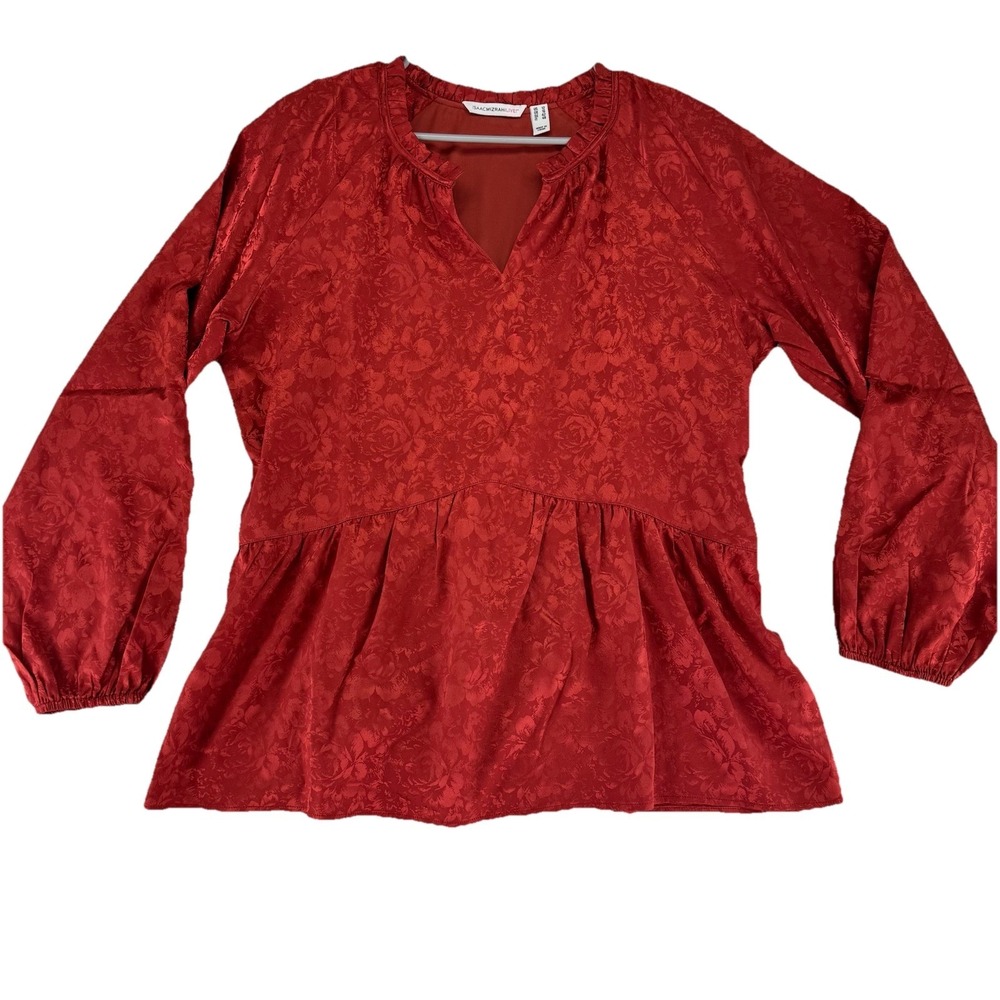 Isaac Mizrahi Live! Stretch Jacquard Shirred Peplum Blouse Top 12R Red